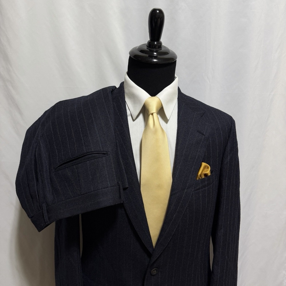 Vtg Chaps Ralph Lauren Tweed Suit Mens 42L 34x35 100% Wool Navy Stripe Union USA